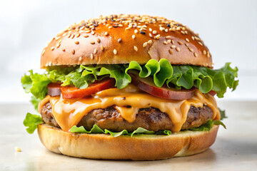 Photo of a juicy gourmet hamburger with melted cheese, fresh lettuce, ripe tomato slices, and red onion rings on a sesame seed bun, isolated on white background