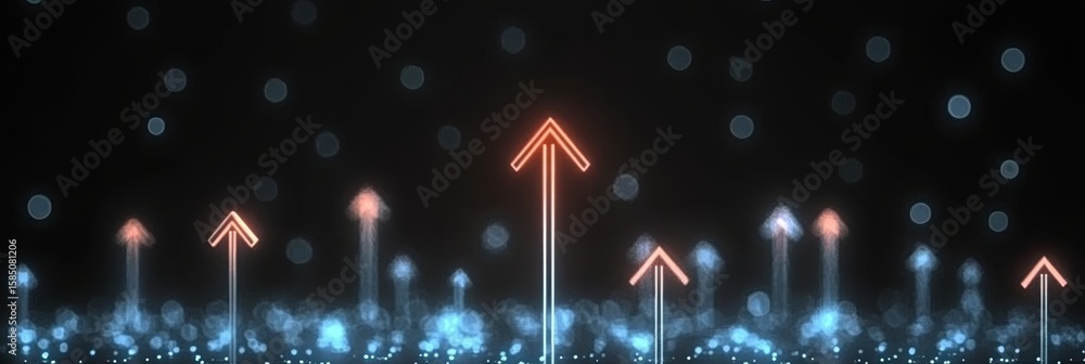 Poster abstract concept of illuminated arrows through dim particles showcasing business growth metrics