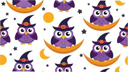 Seamless pattern of purple owls wearing witch hats sitting on moons and stars scattered around them