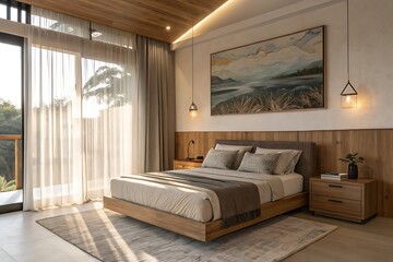 Modern bedroom with natural light and mountain landscape artwork
