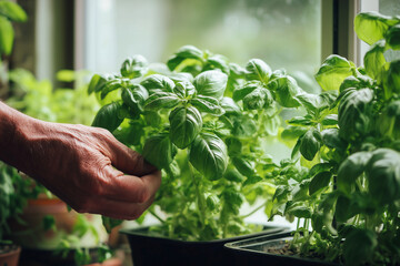 A hand is touching a plant in a pot