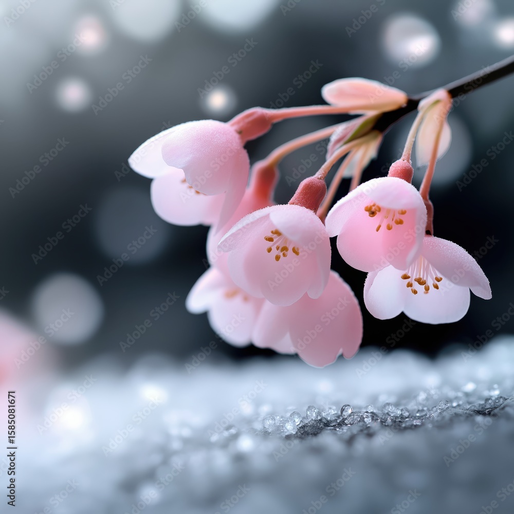 Poster glowing soft pink number 8 adorned with delicate snowdrops on cool misty gray backdrop with ample co