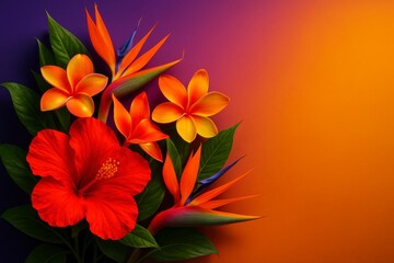 Fototapeta premium Vivid tropical flowers bloom against a gradient backdrop, showcasing hibiscus, plumeria, and bird of paradise blossoms.