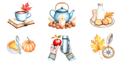 Autumn hygge elements collection with tea, pumpkin, apple and cookies on transparent background
