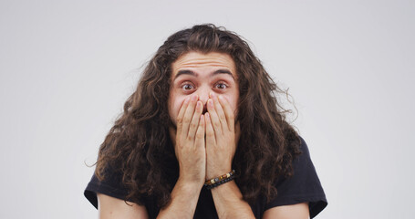 Portrait, shocked and man with emotion, reaction or revelation of announcement for discount or...
