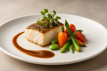 Pan seared cod fillet with fresh vegetables and a delicate sauce presented on a white plate for an elegant dining experience.