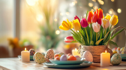 Stylish dining setup with vibrant tulips, candles, and a wooden table adorned with Easter treats, set against a bright amber backdrop