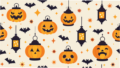 Seamless halloween pattern with pumpkins, bats, lanterns and stars for festive backgrounds and designs
