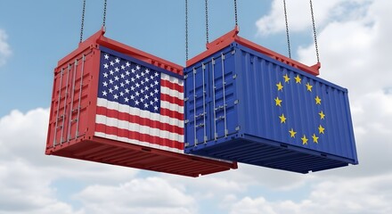  USA and EU Flags on Cargo Containers Representing Global Trade Relations