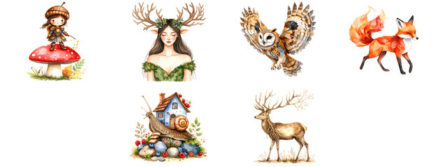 Forest animals, fairy, explorer girl and snail with mushroom house illustrations set on transparent background