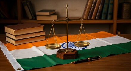 Legal Scales of Justice Resting on Indian Flag Symbolizing Law and Order