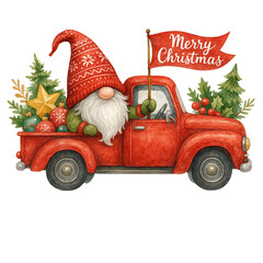 A red vintage truck carrying a gnome with a tall hat, Christmas trees, ornaments, and a "Merry Christmas" flag.