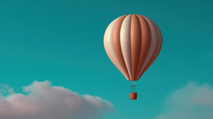 Fototapeta premium A single pastel-colored hot air balloon floats peacefully in a clear blue sky with soft clouds below.