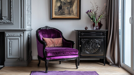 Stylish interior corner with vintage chair, graphic details, and artistic console styling in black and purple