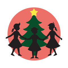 Children Dancing Around Christmas Tree Silhouette
