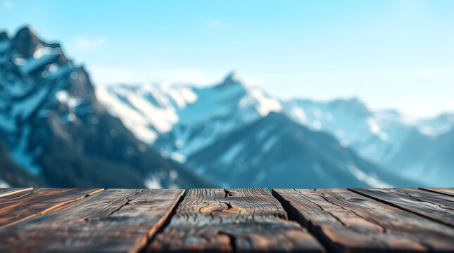 Empty wooden table with snowy mountain background providing copy space