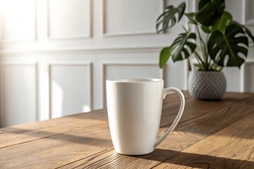 Clean white coffee mug on a wooden table with natural light and plant