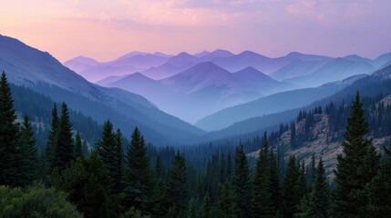 Obraz premium Majestic mountain range bathed in soft pastel hues of dawn or dusk sky