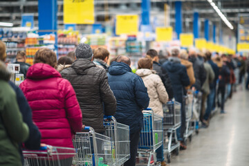 People with shopping carts stand in a long line at the supermarket checkout