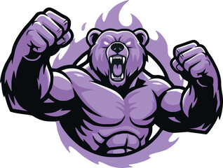 Powerful purple bear, muscular physique, roaring, flames, fierce stance.