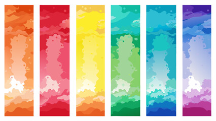 Vector art of a collection of vertical abstract art strips showcasing a spectrum of vibrant colors and fluid paint textures