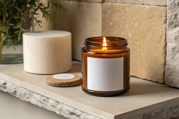 Burning scented candle in amber glass jar with blank label on shelf