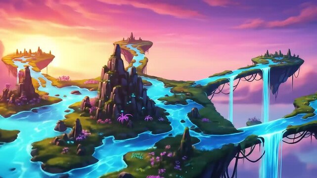 Enchanted Waterfalls and Islands in a Dreamy Realm