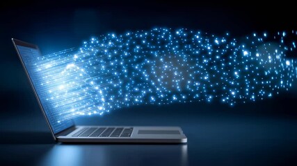 Digital technology laptop data transfer with glowing particles and blue light showcases futuristic design, innovation, and virtual reality in seamless information flow experience - Powered by Adobe