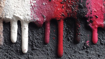 Pour painting with bold acrylic lines and blot forms dripping down a dark wall surface with rough canvas texture