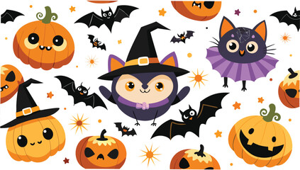 Halloween themed pattern with pumpkins bats stars and a cat and owl wearing witch hats design