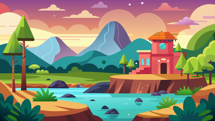 Fototapeta premium Vector art of a vibrant illustration of a serene landscape with rolling hills, majestic mountains, a winding river, and a charming house nestled among trees