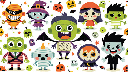 Obraz premium Cartoon halloween characters including a witch, zombie, vampire and other cute monsters pattern design