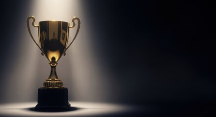 Golden trophy illuminated by spotlight on a dark background