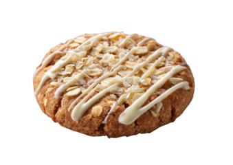 A round oatmeal cookie, drizzled with white icing and sprinkled with sliced almonds, is presented against a black background.  The cookie's texture appears subtly crisp