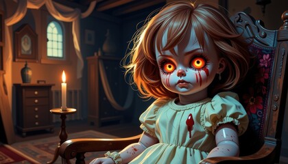 close up of a cracked porcelain doll with glowing red eyes and bloodstained cheeks