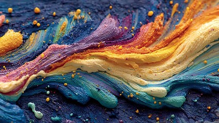 Vivid color pours forming ribbon waves and paint blots on a coarse dark canvas with textured detail