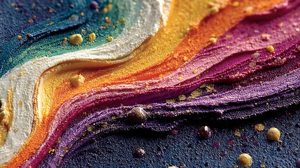 Vivid color pours forming ribbon waves and paint blots on a coarse dark canvas with textured detail