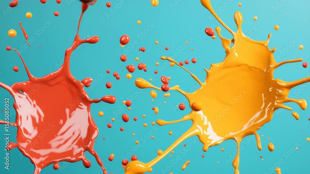 Poster a dynamic image capturing vibrant orange and red paint splashes with droplets against a bright blue 