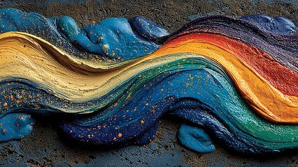 Vivid color pours forming ribbon waves and paint blots on a coarse dark canvas with textured detail
