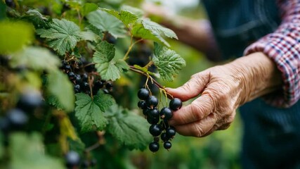 Harvesting blackcurrants in the summer garden with expert hands