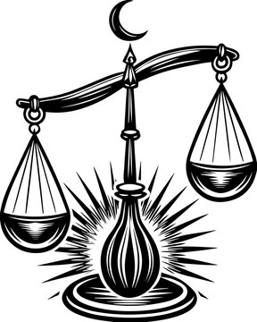 SVG of a bone cathedral rising above skeletal cities, designed for bold tattoo art. Black and White Illustration of Scales of Justice with Stars and Moon