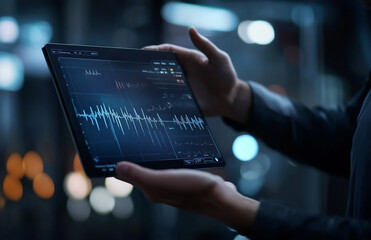 technologist holding hand out with ECG Graph quality, and lean value graphics on a virtual screen. Medical investigation and graph technology concept