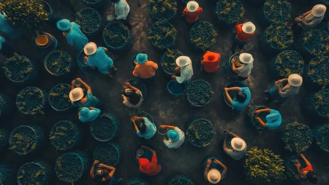 High-angle view of numerous people sorting fruit in large containers