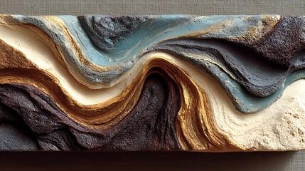 Color pour effect in strip wave format blending onto rough canvas surface in dark neutral tones