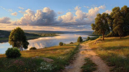 Fototapeta premium Serene landscape with a winding path leading to a calm lake under a cloudy sky