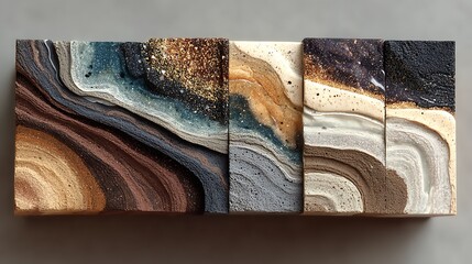 Color pour effect in strip wave format blending onto rough canvas surface in dark neutral tones