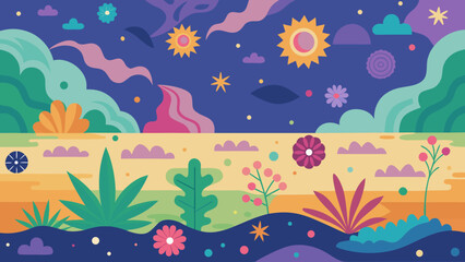 Vector art of a vibrant and whimsical abstract landscape unfolds with colorful plants, celestial bodies, and swirling patterns under a starry night sky