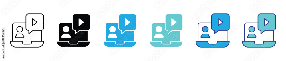 Aufkleber interactive learning hub icon set. contain laptop featuring a play button and video chat for virtual