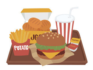 トレーに乗ったドリンクとポテトとナゲット付きのチーズハンバーガーセットのイラスト