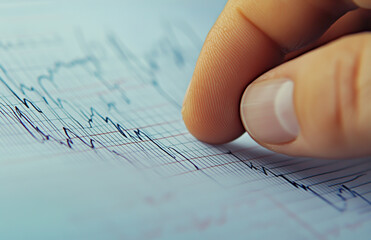 Technologists hand pointing to a ECG Graph quality, and lean value graphics on a ECG graph paper . Medical investigation and graph technology concept
